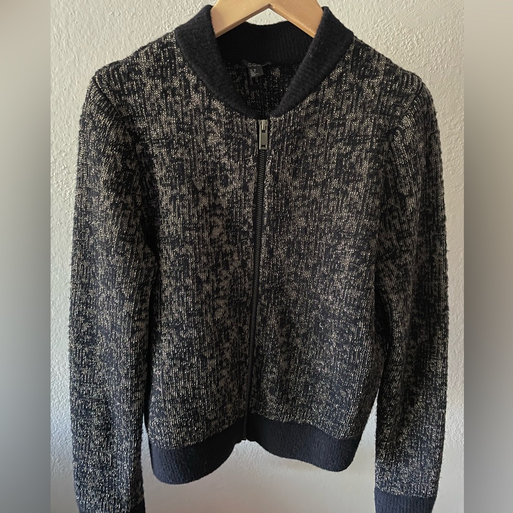 COS Metallic Navy Blue Sweater Jacket Zip Up Bomber Knit Size XS Wool Blend